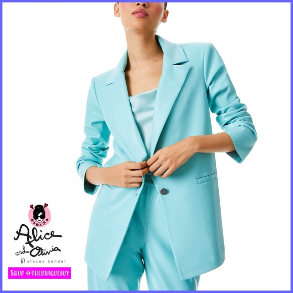 Alice + Olivia Dunn Vegan Leather Roll Cuff Blue Breeze Blazer Jacket - Picture 16 of 17